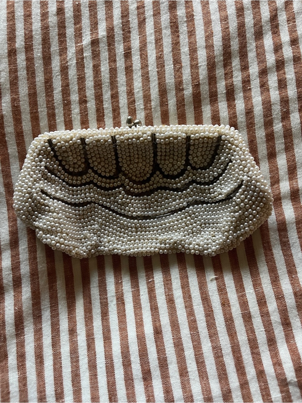 Small vintage Pearl Beaded Clutch Purse in Ivory with Black Detail